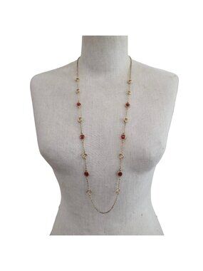 Judith Ripka Verona Gold Plated Sterling Silver Red Agate Station Necklace 36"